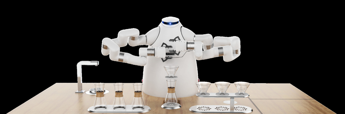 Создатель RJ45 HDMI машины кофе руки робота взаимодействует Artisanal робот Latte кафа на Олимпийских Играх зимы
